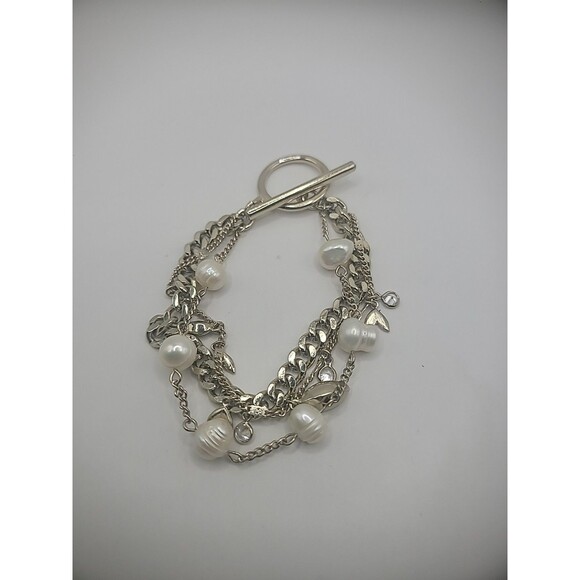 Vintage Bracelet Multi Strand Silver Tone Imitation Pearl Crystals Jewelry - Picture 7 of 11